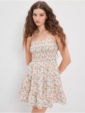 American Eagle Outfitters Floral Smocked Mini Dress in White, Peach, Mint